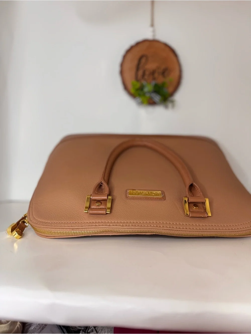 Joy & Iman Peach-Tan Dome Satchel with Gold Hardware